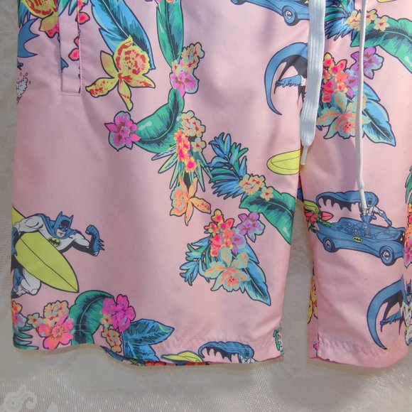 Batman Mesh Lined Swim Trunks Men's XL Pink Hawaiian Floral Surf Elastic Pre-own - Picture 4 of 16